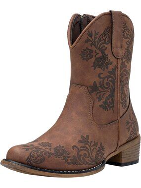 Women‘s Brown Leather Cowboy Cowgirl Ankle Western Square Toe Low Heel